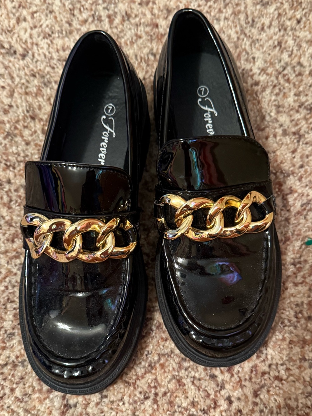Black Patent Loafers with Chunky Gold Chain